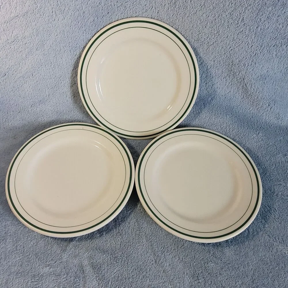 3 Vintage Restaurantware OPCo Syracuse China Green Banded Dessert Plates 7.25